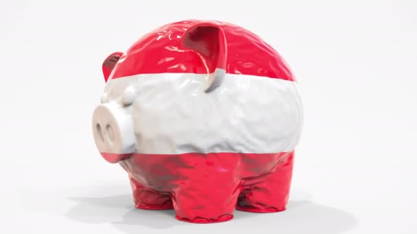 Deflating inflatable piggy bank with printed flag of Austria. Austrian financial crisis related conceptual 3D animation — Stock Video