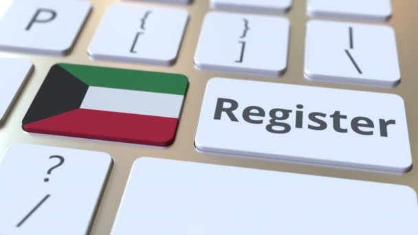 Regisztrálja szöveg és zászló Kuwait a billentyűzeten. Online szolgáltatások kapcsolódó 3D animáció — Stock videók