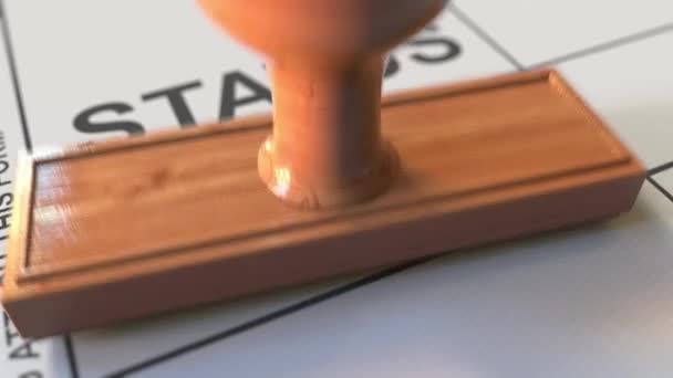 Rood geCANCELEERDE rubberen stempel op papier zetten. 3D-animatie — Stockvideo