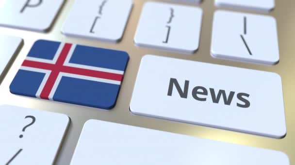 Nieuwsbericht en vlag van IJsland op de toetsen van een toetsenbord. Nationale online media gerelateerde conceptuele 3D animatie — Stockvideo