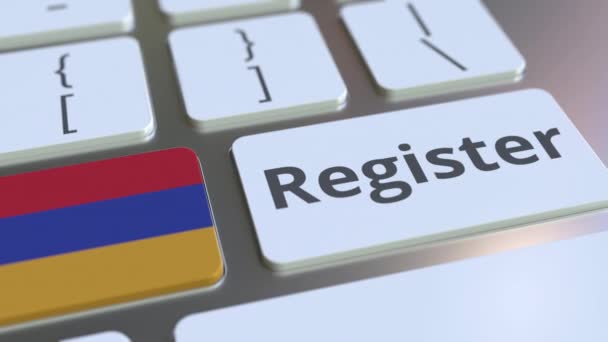 Registrar texto e bandeira da Armênia no teclado. Serviços online relacionados animação 3D — Vídeo de Stock