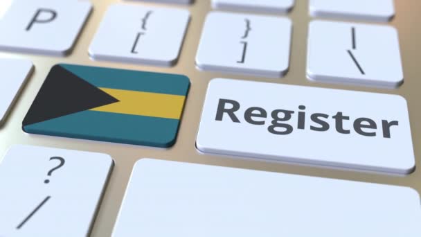 Registrar texto y bandera de las Bahamas en el teclado. Servicios en línea relacionados con animación 3D — Vídeo de stock