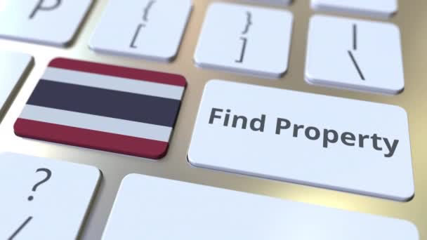 Znajdź tekst nieruchomości i flagę Tajlandii na klawiaturze. Internetowe usługi związane z nieruchomościami koncepcyjne animacja 3D — Wideo stockowe