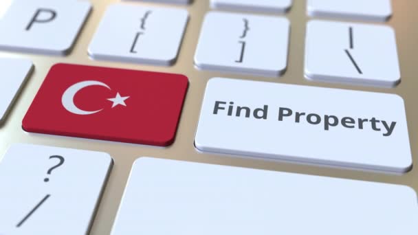 Buscar texto de propiedad y bandera de Turquía en el teclado. Servicio inmobiliario online relacionado con la animación conceptual 3D — Vídeos de Stock