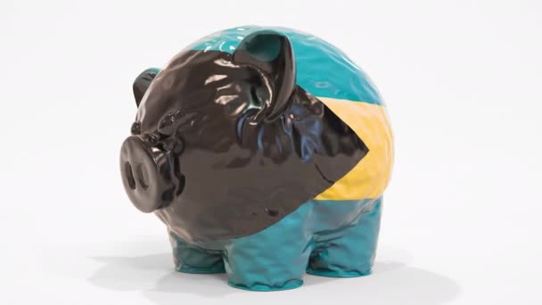 Deflating inflatable piggy bank with printed flag of the Bahamas. Bahamian financial crisis related conceptual 3D animation — Stock Video