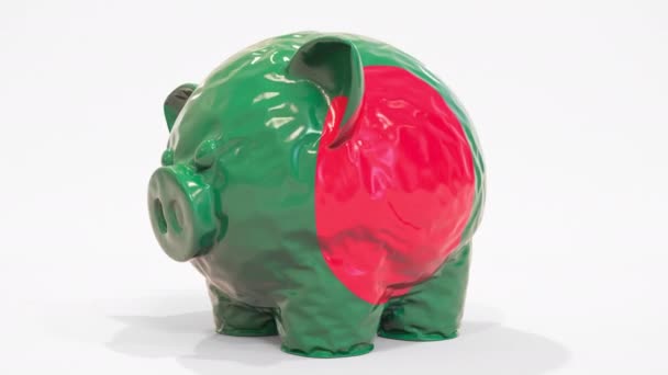 Deflating inflatable piggy bank with printed flag of Bangladesh. Bangladeshi financial crisis related conceptual 3D animation — Stock Video