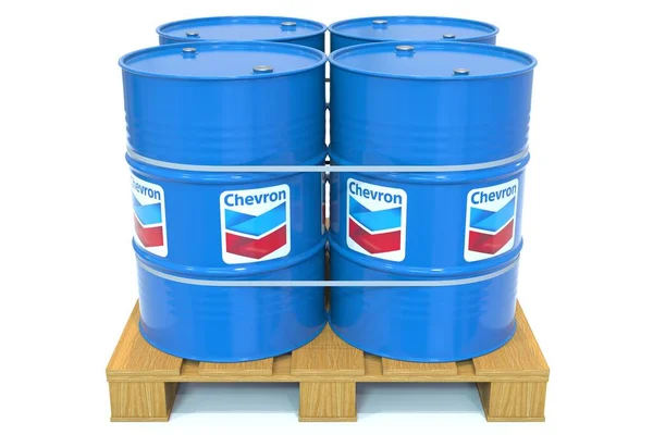Tambores de acero o barriles industriales con logotipo de CHEVRON CORPORATION listos para su transporte en la paleta, renderizado en 3D editorial — Foto de Stock