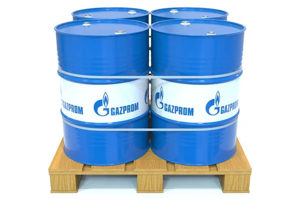Tambores de acero o barriles industriales con logotipo de GAZPROM listos para su transporte en la paleta, renderizado en 3D editorial —  Fotos de Stock