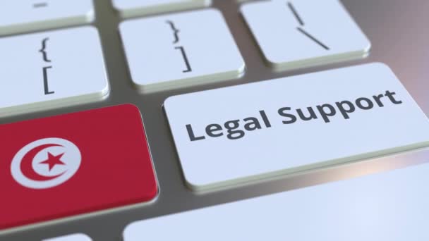 Bilgisayar klavyesinde Tunus 'un yasal destek yazısı ve bayrağı var. Çevrimiçi hukuki hizmet ile ilgili 3D animasyon — Stok video
