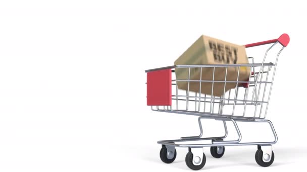 Boîtes avec le logo BEST BUY dans le chariot. Animation 3D éditoriale — Video