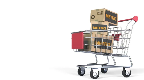 Pudełka z logo METRO CASH AND CARRY w koszyku. Redakcja renderowania 3D — Zdjęcie stockowe