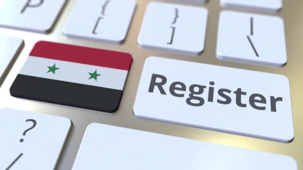 Registrar texto y bandera de Siria en el teclado. Servicios en línea relacionados con animación 3D — Vídeos de Stock