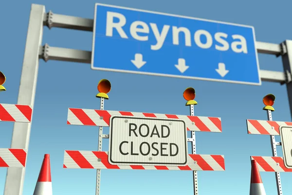 Barricadas de carretera cerca de la ciudad de Reynosa señal de tráfico. Cuarentena o bloqueo de enfermedad por Coronavirus en México renderizado 3D conceptual — Foto de Stock