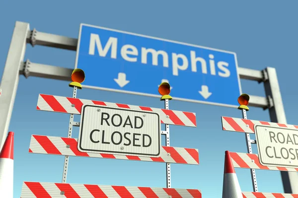 Straßenbarrikaden in der Nähe des Straßenschildes von Memphis. Coronavirus-Quarantäne oder Lockdown in den USA — Stockfoto