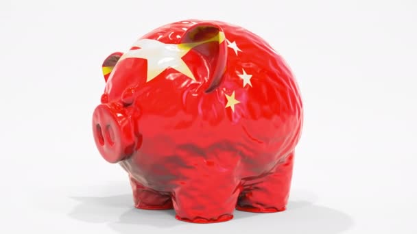 Felfújható malacpersely kínai zászlóval. Kínai pénzügyi válsággal kapcsolatos koncepció 3D animáció — Stock videók