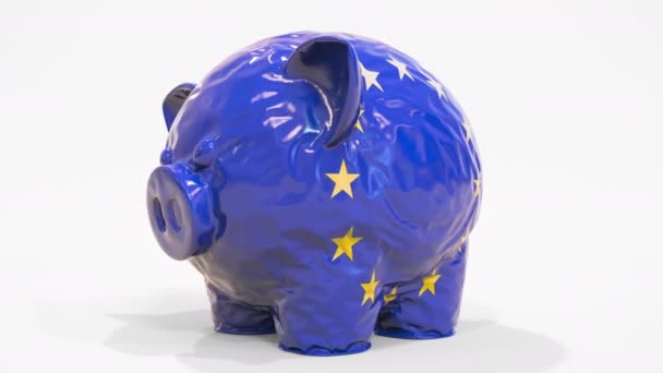 Deflating o banco inflável do porquinho com bandeira impressa da UE. Crise financeira europeia relacionado animação 3D conceitual — Vídeo de Stock