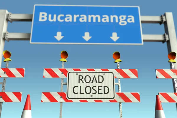 Bloques de carreteras cerca de Bucaramanga señal de tráfico de la ciudad. Cuarentena o bloqueo en Colombia renderizado 3D conceptual — Foto de Stock