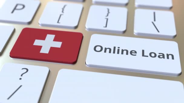 Online Pożyczka tekst i flaga Szwajcarii na klawiaturze. Nowoczesna konceptualna animacja 3D związana z kredytem — Wideo stockowe