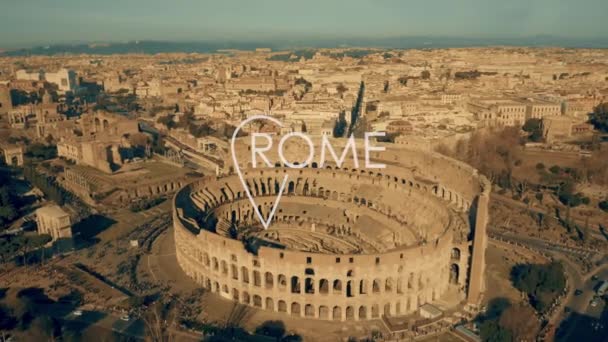 Aerial establishing shot of Rome involving the Colosseum or Coliseum with city geotag, Italy — Stock Video
