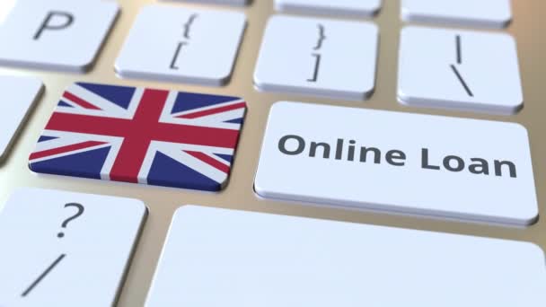Online kölcsön szöveg és zászló Nagy-Britannia a billentyűzeten. Modern hitel kapcsolatos konceptuális 3D animáció — Stock videók