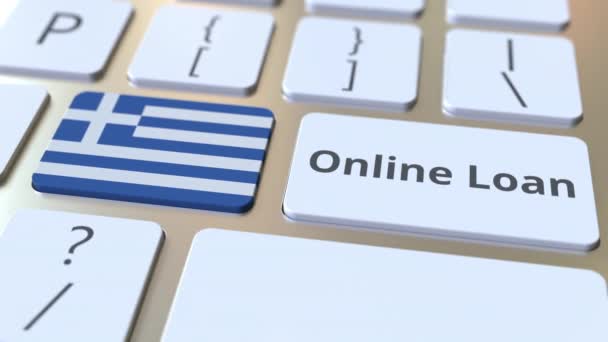 Online Δάνειο κείμενο και σημαία της Ελλάδας στο πληκτρολόγιο. Σύγχρονη πίστωση που σχετίζονται εννοιολογική 3D animation — Αρχείο Βίντεο