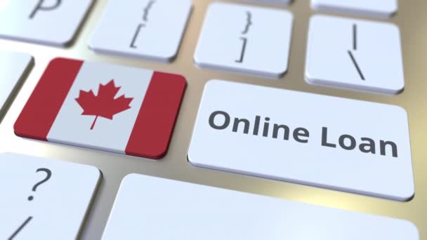 Online Loan text och flagga Kanada på tangentbordet. Modern kreditrelaterad konceptuell 3D-animering — Stockvideo