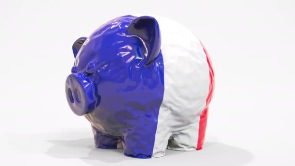 Deflating inflatable piggy bank with printed flag of France. French financial crisis related conceptual 3D animation — Stock Video