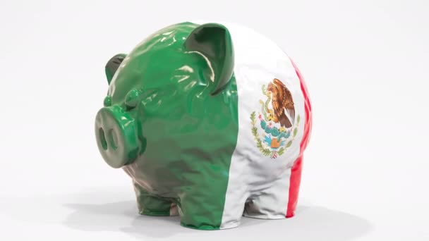 Deflating alcancía inflable con bandera impresa de México. Animación conceptual 3D relacionada con la crisis financiera mexicana — Vídeo de stock