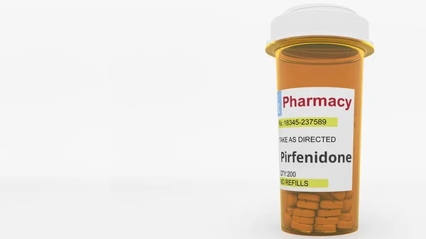 Butelka na receptę z pirfenidonem generycznych tabletek leków jako możliwe COVID-19 nowe leczenie choroby koronawirusowej. Renderowanie 3D — Zdjęcie stockowe