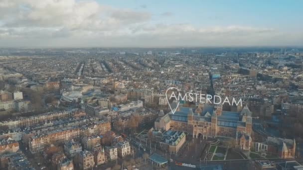 Toma aérea de Amsterdam con geotag de ciudad, Países Bajos — Vídeos de Stock