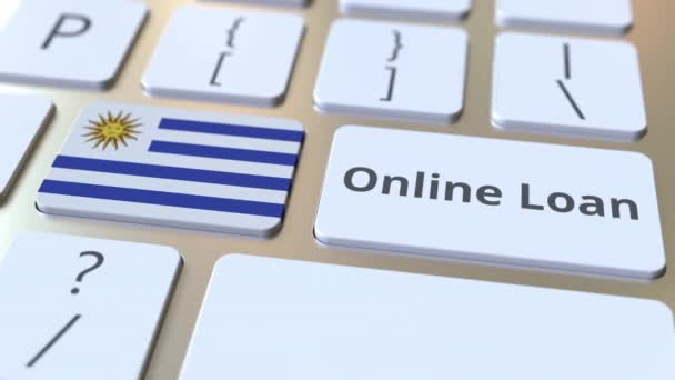 Çevrimiçi kredi metni ve Uruguay bayrağı klavyede. Modern krediyle ilgili kavramsal 3D animasyon — Stok video