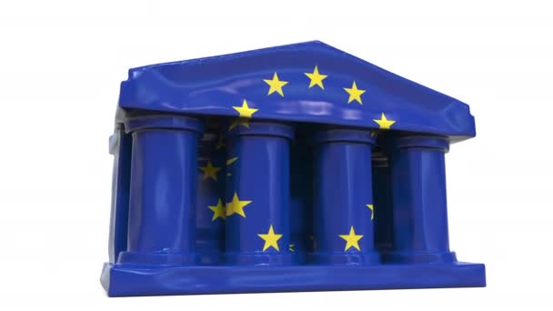 Felfújható bank vagy kormányzati épület deflálása az EU nyomtatott zászlajával. Európai gazdasági vagy politikai válsággal kapcsolatos koncepció 3D-s animáció — Stock videók