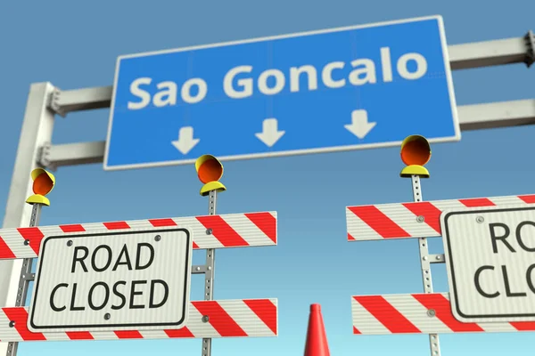 Bloqueo de carreteras cerca de Sao Goncalo señal de tráfico de la ciudad. Lockdown en Brasil renderizado 3D conceptual — Foto de Stock