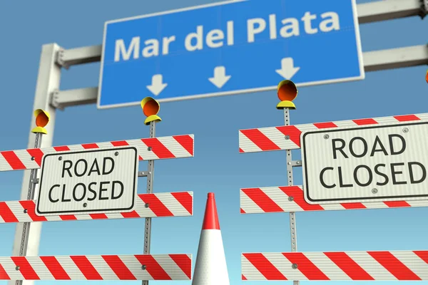Barricadas de carretera cerca de la ciudad de Mar del Plata señal de tráfico. Cuarentena o bloqueo en Argentina renderizado 3D conceptual — Foto de Stock