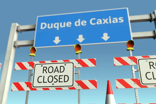 Posto di blocco vicino Duque de Caxias cartello stradale della città. Quarantena o blocco della malattia di Coronavirus in Brasile rendering 3D concettuale — Foto Stock