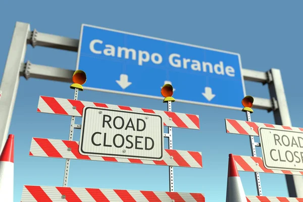 Barricadas de tráfico cerca del semáforo de la ciudad de Campo Grande. Cuarentena o bloqueo en Brasil renderizado 3D conceptual — Foto de Stock
