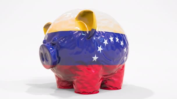 Deflating inflatable piggy bank with printed flag of Venezuela. Venezuelan financial crisis related conceptual 3D animation — Stock Video