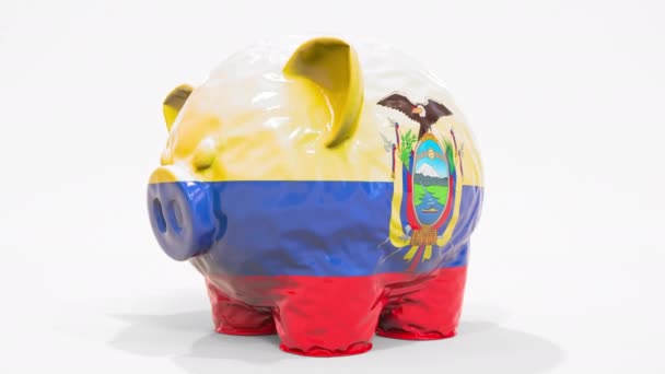Deflerande uppblåsbar spargris med Ecuadors tryckta flagga. Ecuadors finansiella krisrelaterade konceptuella 3D-animation — Stockvideo