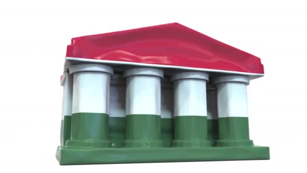 Deflating banco inflable o edificio del gobierno con la bandera impresa de Hungría. Animación conceptual 3D relacionada con la crisis económica o política húngara — Vídeos de Stock