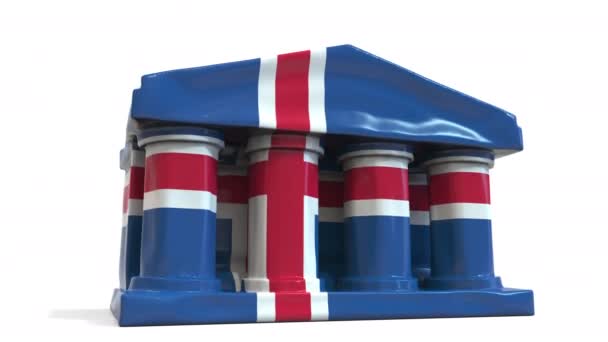 İzlanda 'nın baskılı bayrağıyla şişme bankayı ya da hükümet binasını söndürmek. İzlanda ekonomik veya siyasi krizi kavramsal 3D animasyonla ilgili — Stok video
