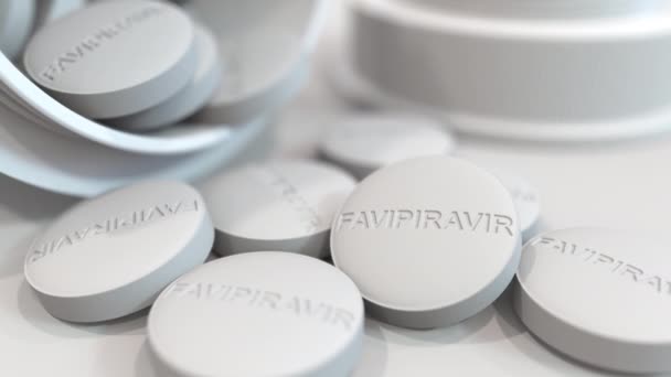 Pile di favipiravir pillole generiche come potenziale farmaco COVID-19 per la malattia coronavirica, macro 3D — Video Stock