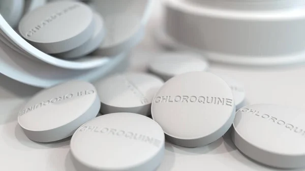 Pila de píldoras de medicamentos genéricos cloroquina como un potencial COVID-19 coronavirus medicación enfermedad, representación macro 3D —  Fotos de Stock
