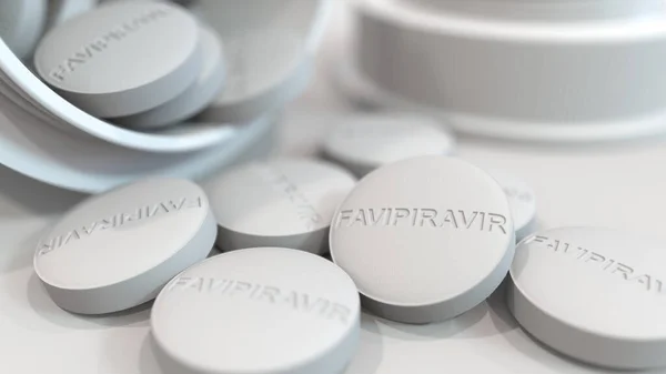 Pile of favipiravir generic medicine as a potential COVID-19 coronavirus disease mediction, 매크로 3D 렌더링 — 스톡 사진