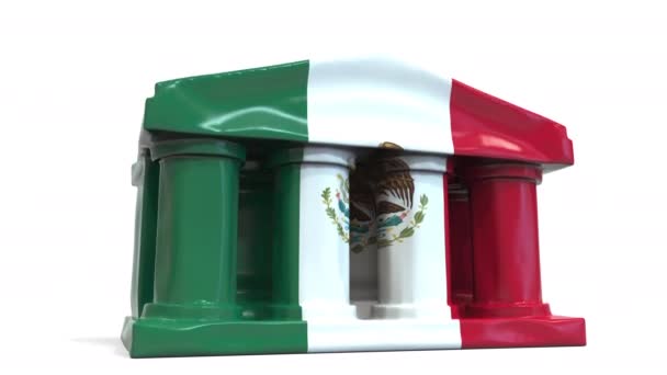 Дефляция надувного банка или здания правительства с напечатанным флагом Мексики. Концептуальная 3D анимация, связанная с экономическим или политическим кризисом в Мексике — стоковое видео