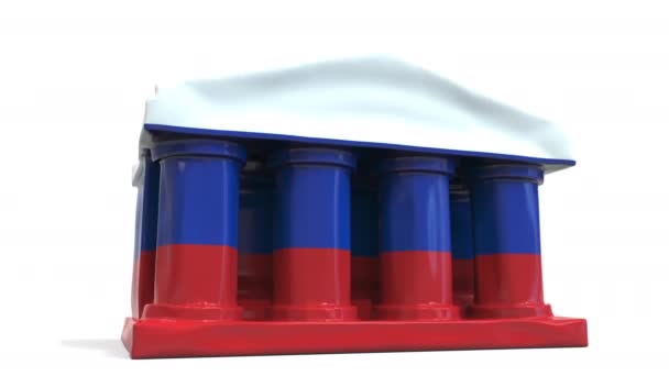 Deflating banco inflable o edificio del gobierno con la bandera impresa de Rusia. Animación 3D conceptual relacionada con la crisis económica o política rusa — Vídeo de stock