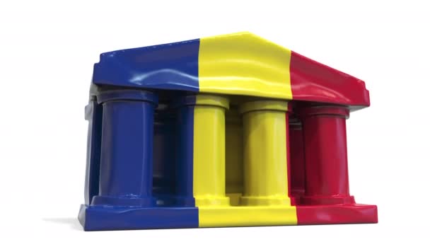 Deflatoir opblaasbaar bank- of overheidsgebouw met bedrukte vlag van Roemenië. Roemeense economische of politieke crisis gerelateerde conceptuele 3D-animatie — Stockvideo