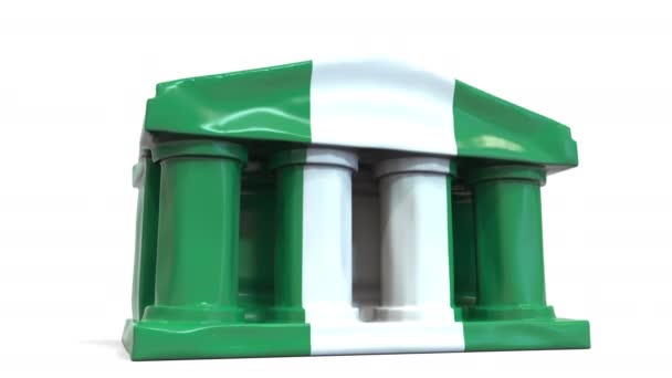 Deflating banco inflable o edificio del gobierno con bandera impresa de Nigeria. Animación 3D conceptual relacionada con la crisis económica o política nigeriana — Vídeos de Stock
