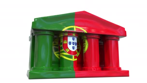 Deflating banco inflável ou edifício do governo com bandeira impressa de Portugal. Animação 3D conceitual relacionada com a crise económica ou política portuguesa — Vídeo de Stock
