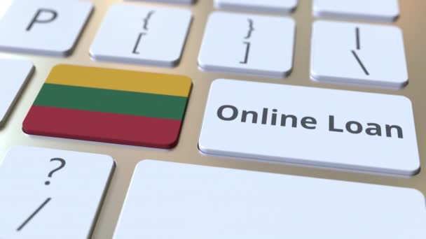 Klavyede Litvanya 'nın çevrimiçi kredi notu ve bayrağı var. Modern krediyle ilgili kavramsal 3D animasyon — Stok video
