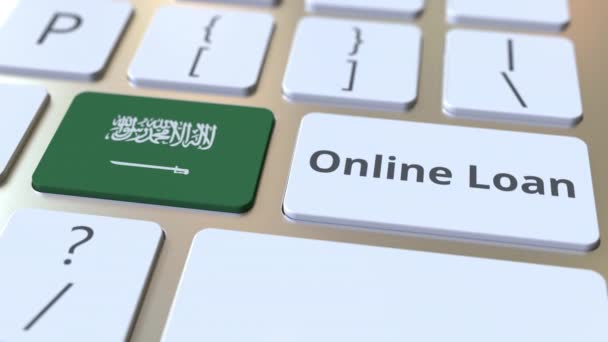 Empréstimo online texto e bandeira da Arábia Saudita no teclado. Animação 3D conceitual relacionada com crédito moderno — Vídeo de Stock